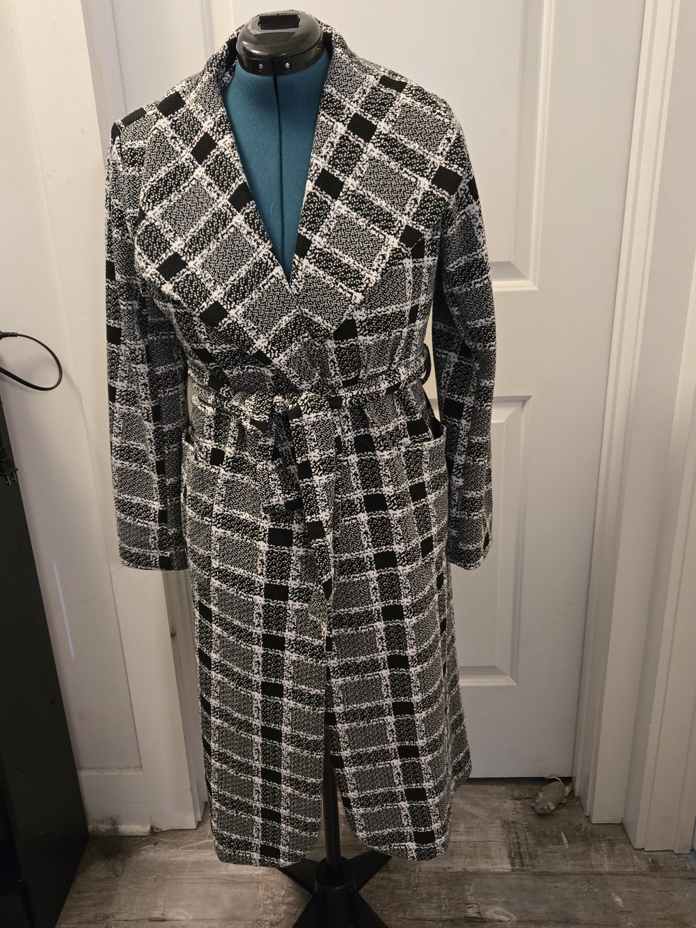 Stella Luce Black & White Plaid Tie Front Duster Cardigan | Women's Medium